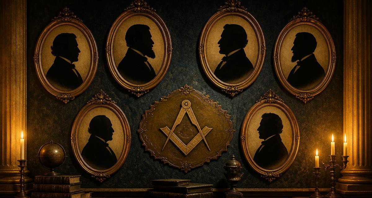 Galeria de retratos antigos com emblema maçônico em placa de bronze