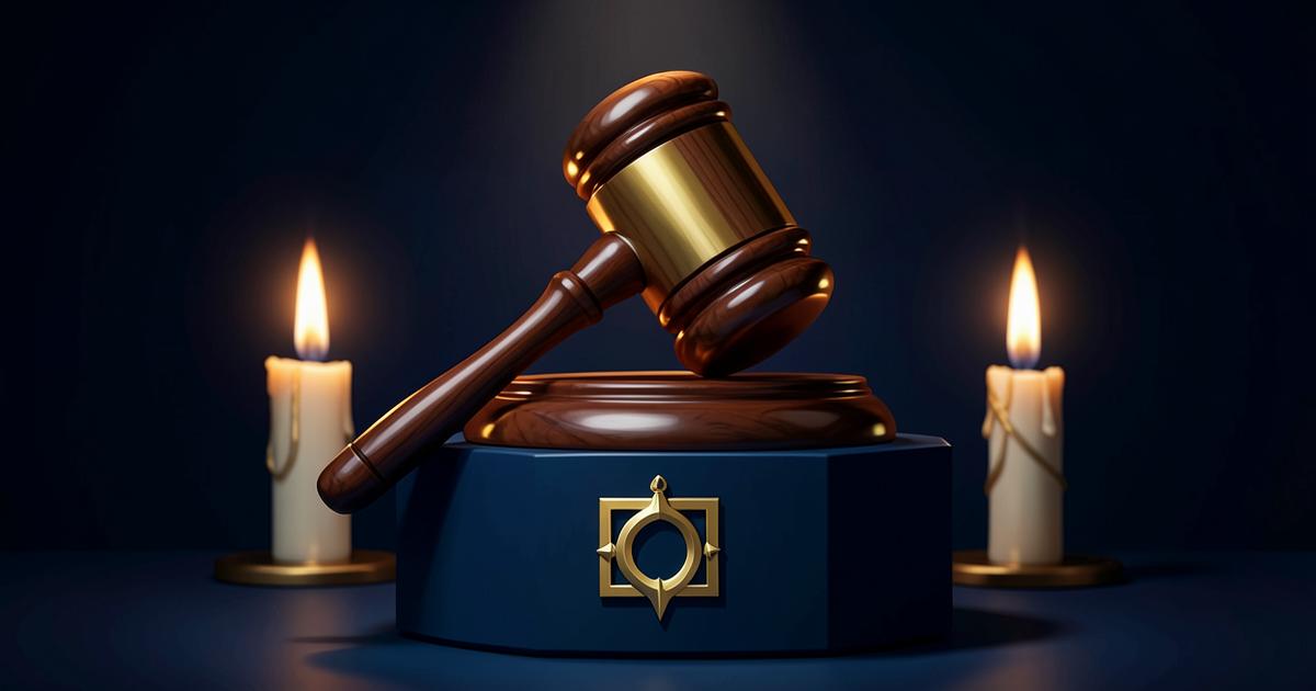 Malhete maçônico de madeira sobre pedestal com esquadro e compasso dourado e velas acesas