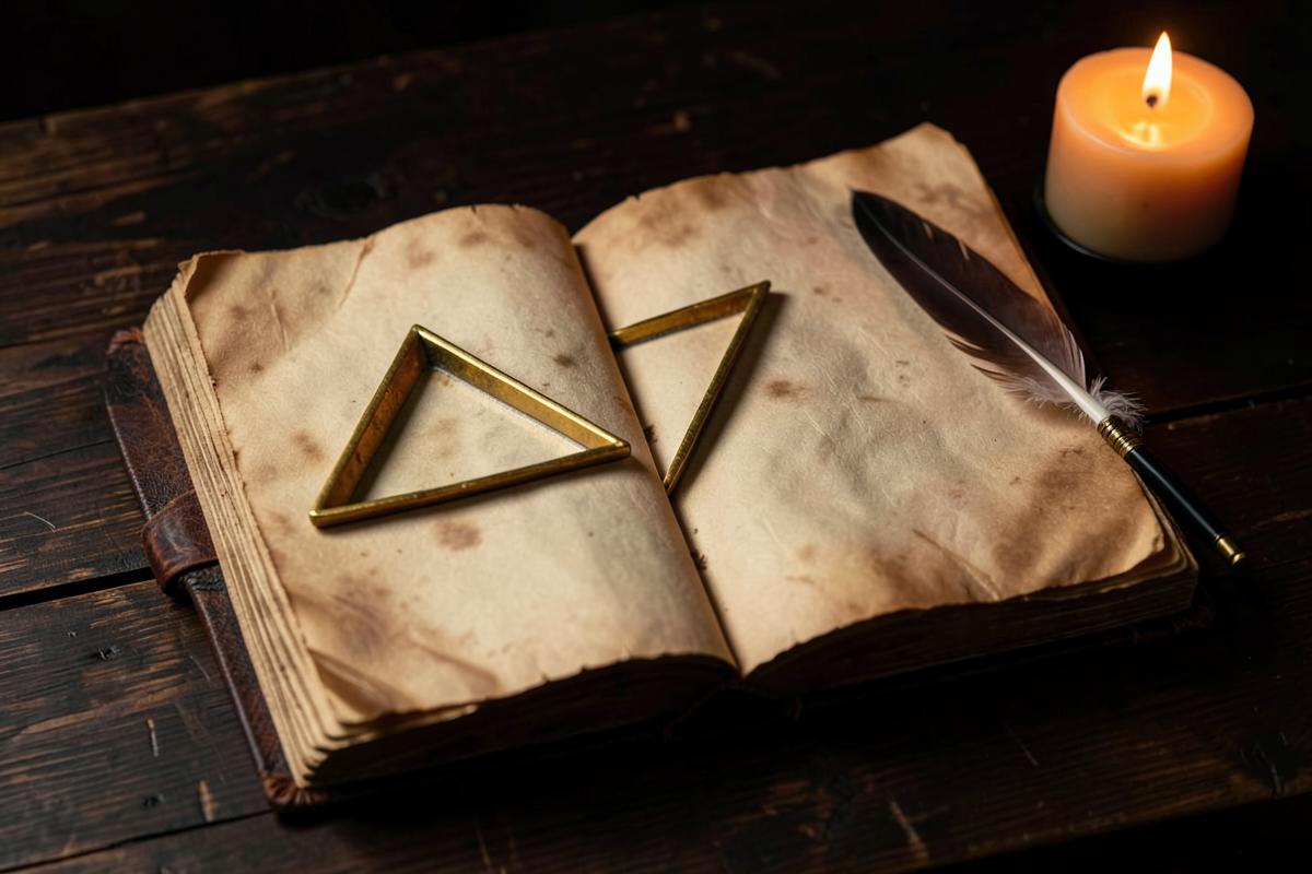 Livro ritualístico antigo aberto com um triângulo dourado sobre as páginas, à luz de vela