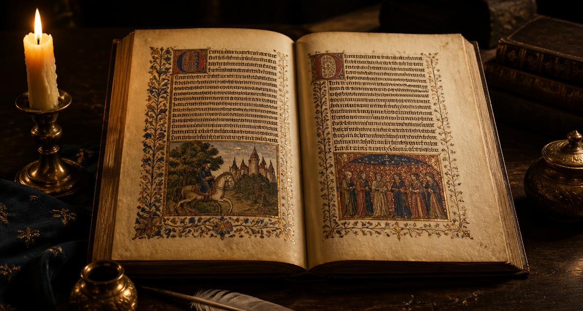 Manuscrito medieval iluminado aberto sobre mesa de madeira, iluminado por vela