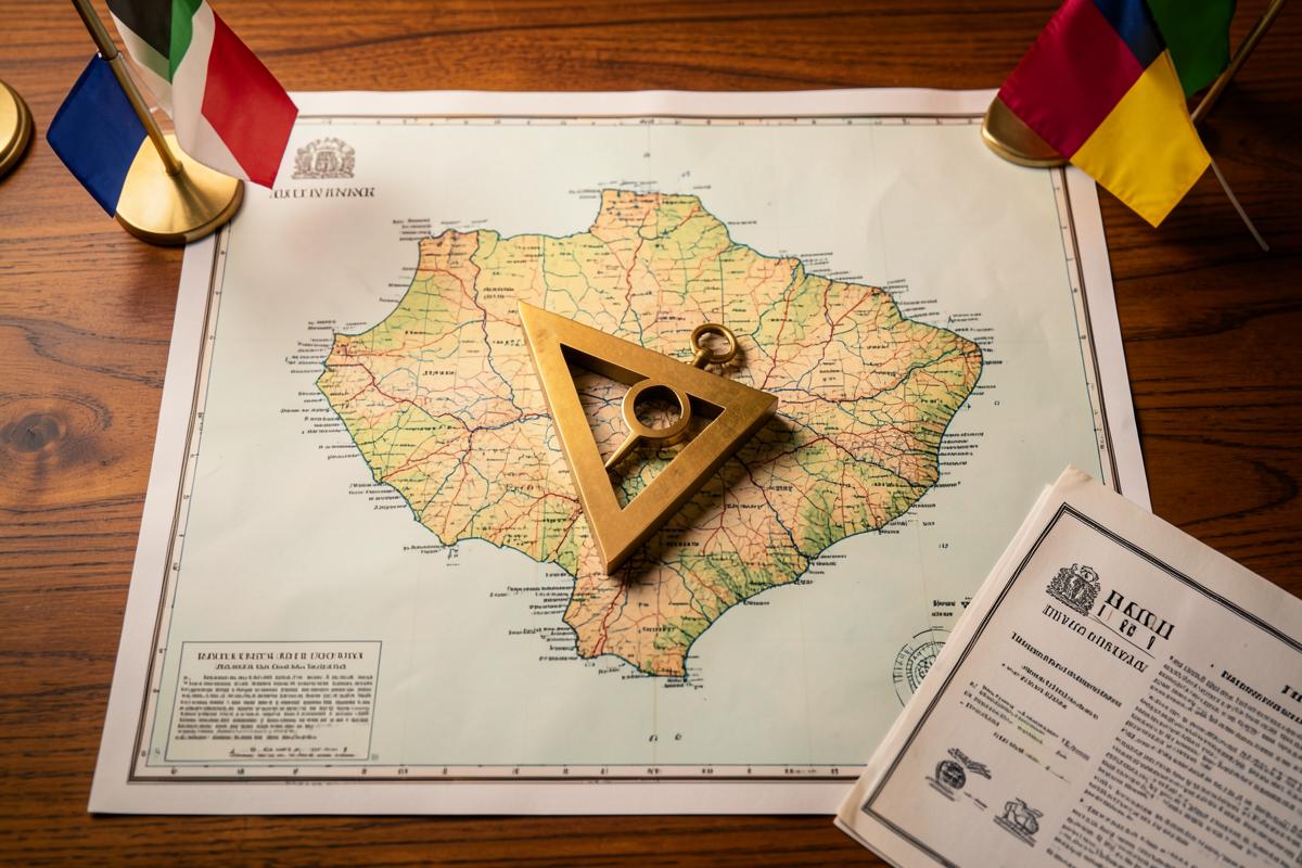 Mapa do Brasil sobre uma mesa com esquadro e compasso, representando a distribuição das obediências