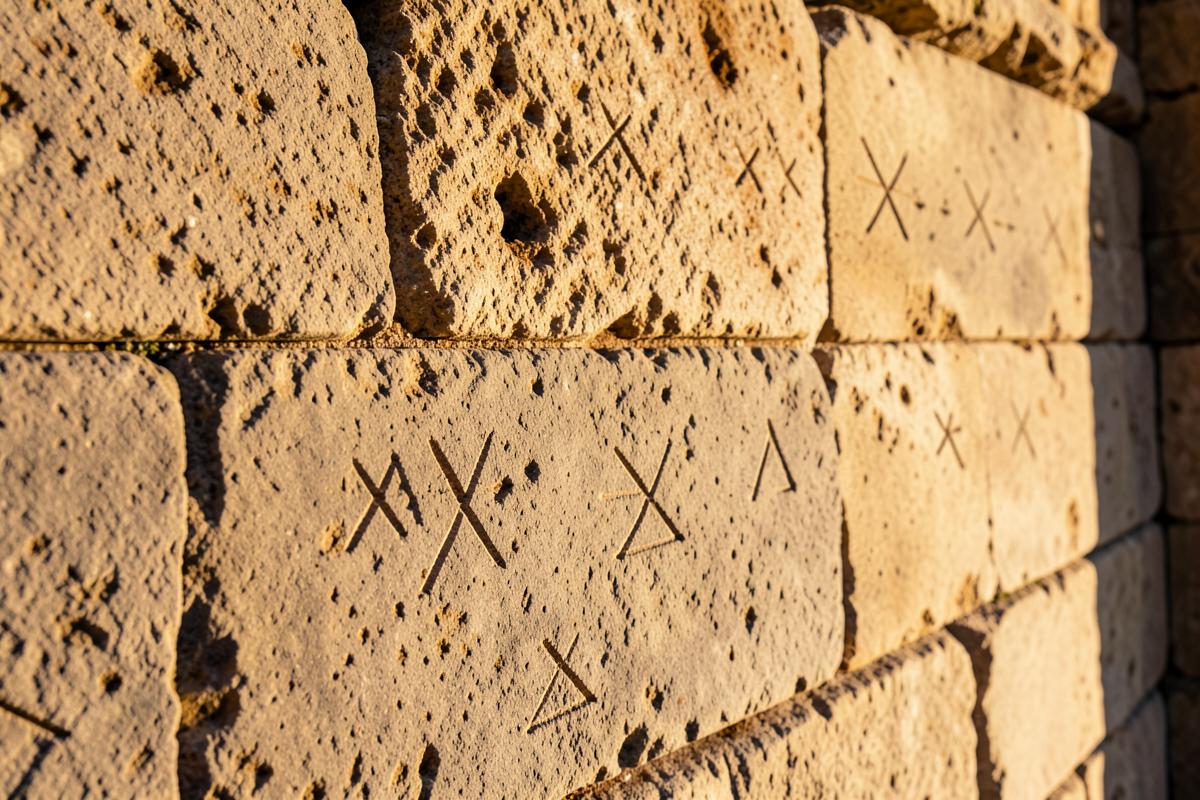 Marcas geométricas gravadas em blocos de pedra de uma catedral antiga