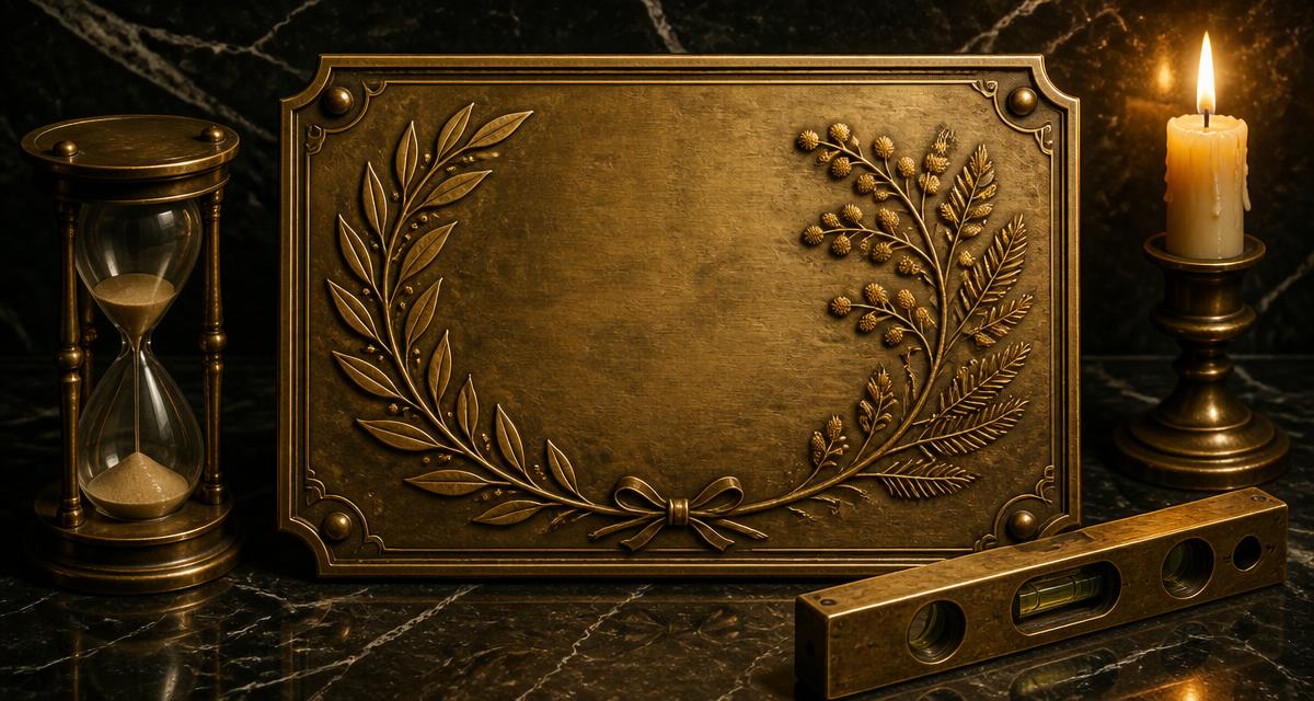 Placa de bronze com ramos gravados, ampulheta e nível