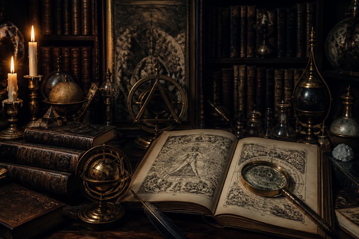 Biblioteca esotérica com livros antigos, gravuras herméticas e instrumentos de bronze
