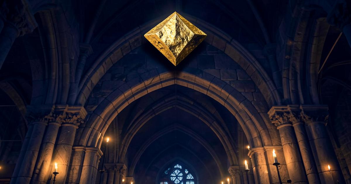 Pedra angular dourada fechando o arco de uma catedral de pedra iluminada por velas
