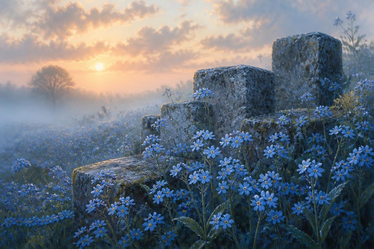Flores azuis de miosótis crescendo entre blocos de pedra desgastados ao amanhecer