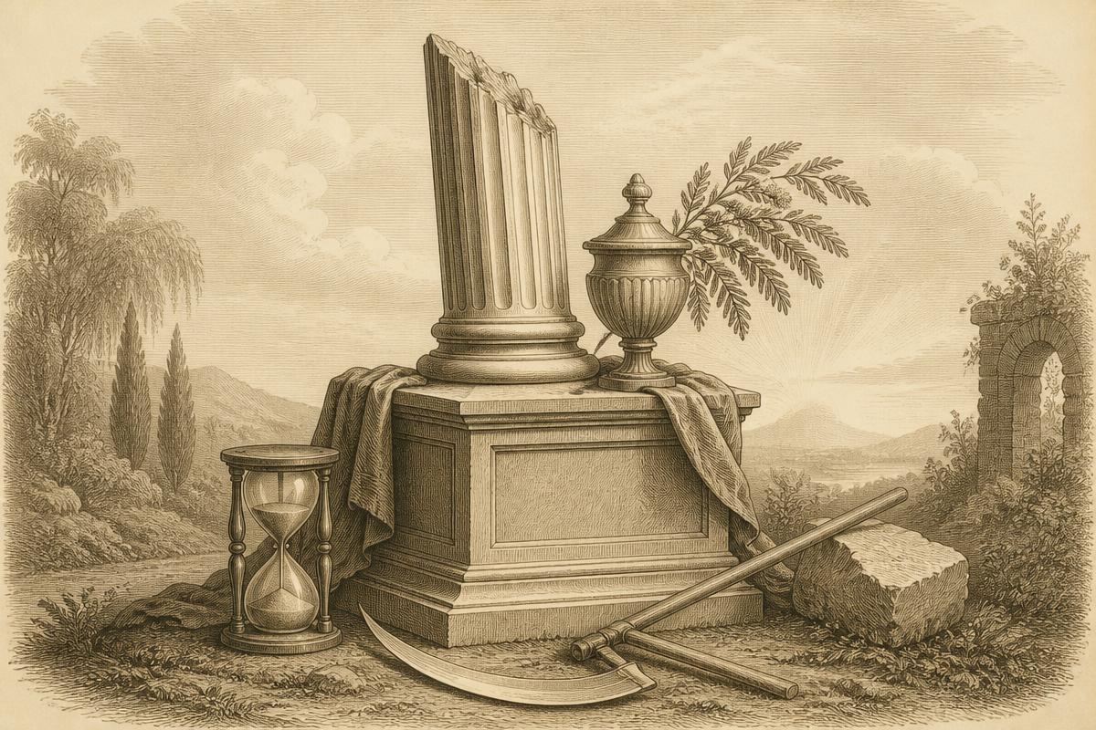 Gravura oitocentista do monumento maçônico com coluna partida, urna, ampulheta e foice