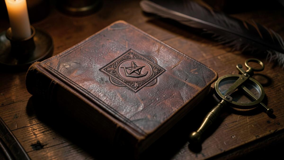 Livro antigo de couro com símbolo maçônico ao lado de um compasso e pena, à luz de vela