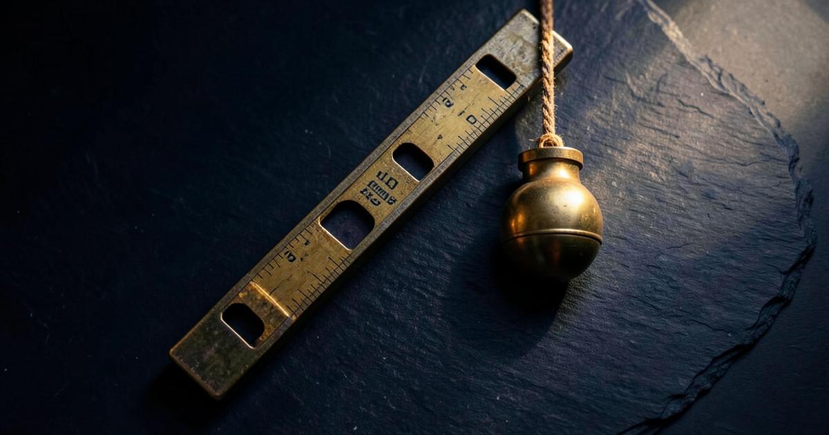 Nível de bolha antigo de latão e peso de prumo de bronze pendurado por cordel sobre ardósia escura, sob luz quente dramática