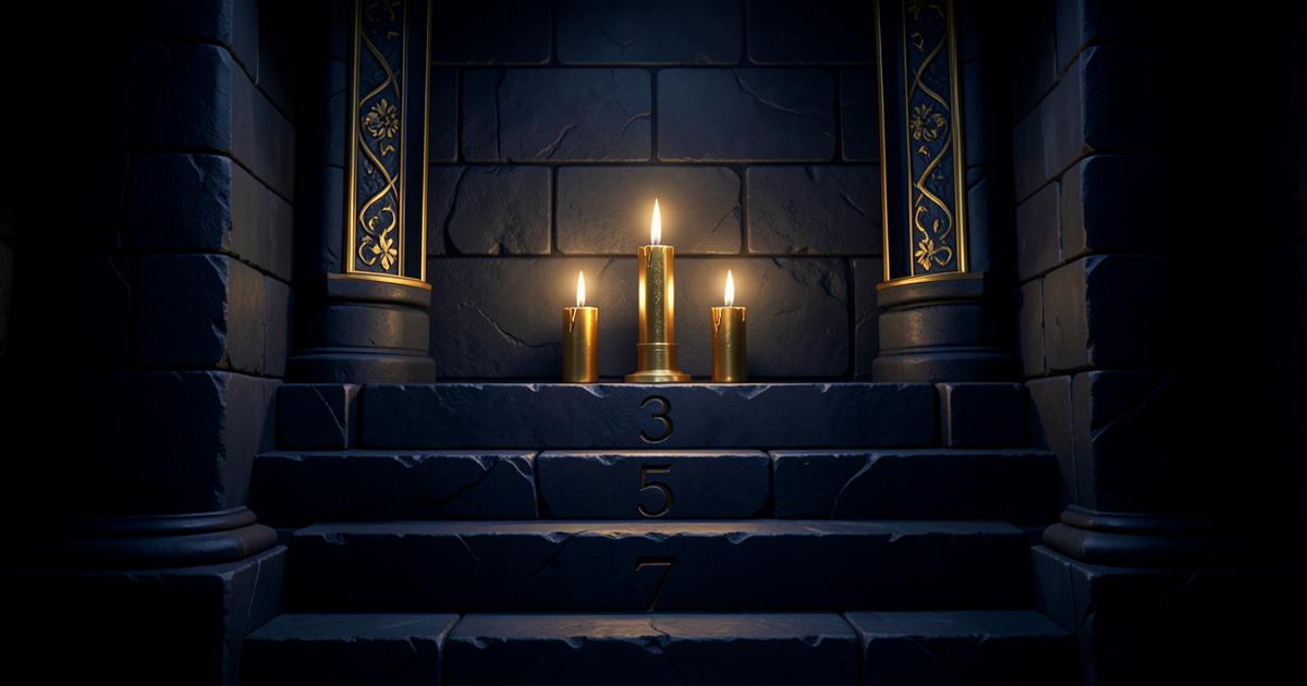 Degraus de pedra com os números 3, 5 e 7 gravados, iluminados por três velas em templo maçônico