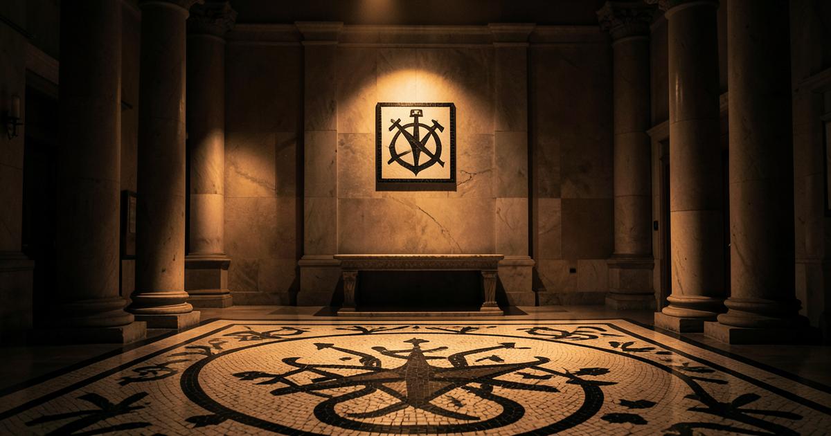 Interior de templo maçônico com piso mosaico e colunas