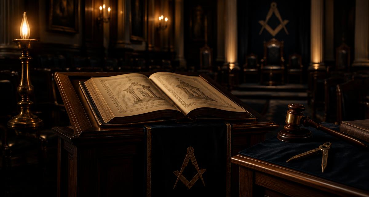 Livro de rituais aberto sobre estante de madeira ao lado de malhete e compasso em Loja maçônica