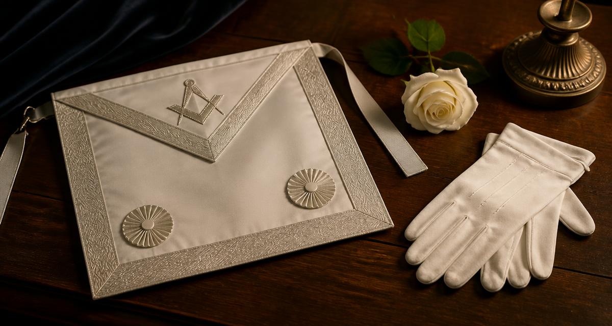 Avental branco feminino, luvas e uma rosa branca sobre mesa de madeira escura