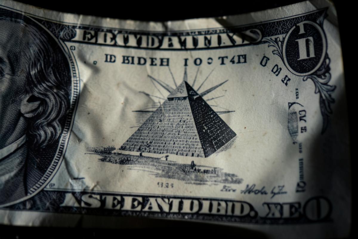 Detalhe da pirâmide inacabada com o olho no reverso da nota de um dólar