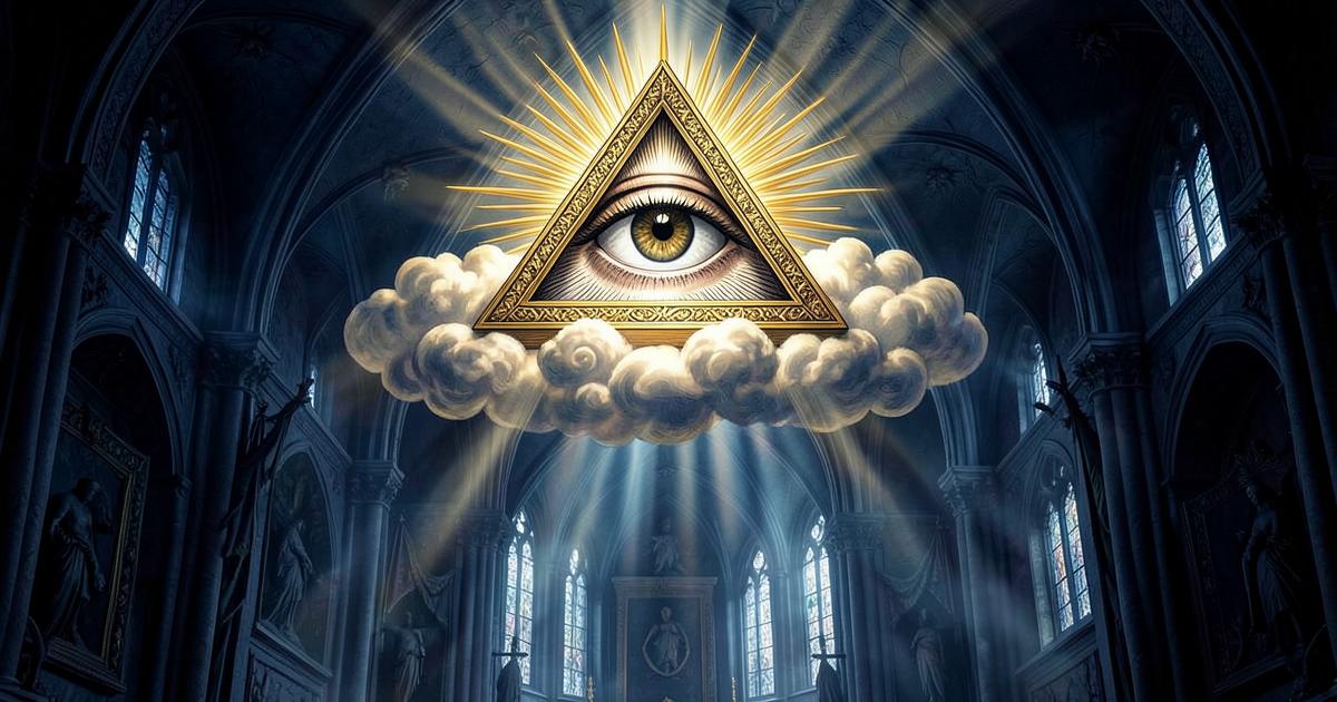Olho que Tudo Vê dentro de um triângulo dourado radiante pairando sobre nuvens num templo maçônico
