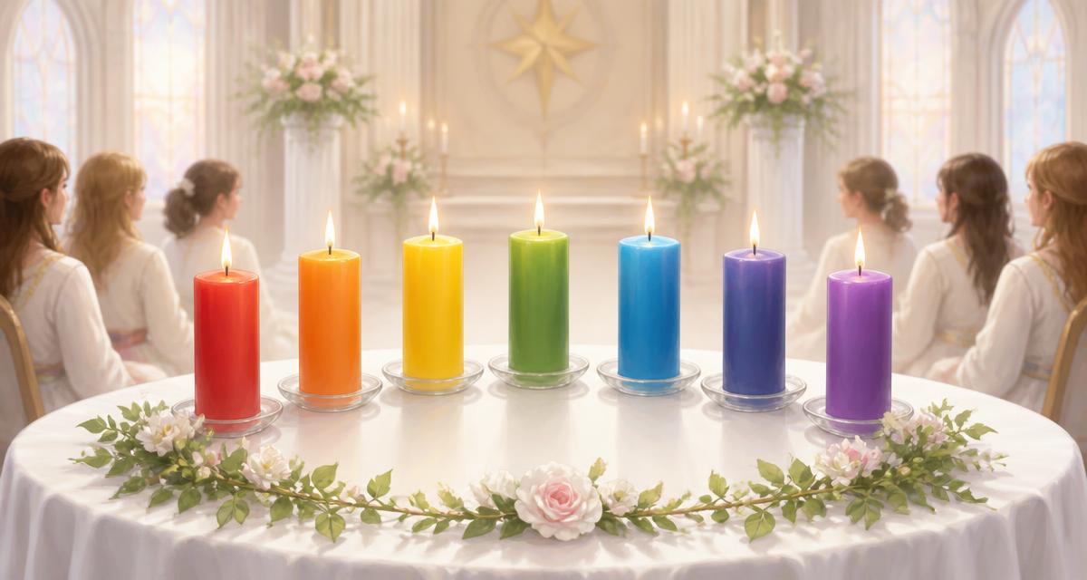 Sete velas coloridas em arco sobre um altar branco em um salão claro