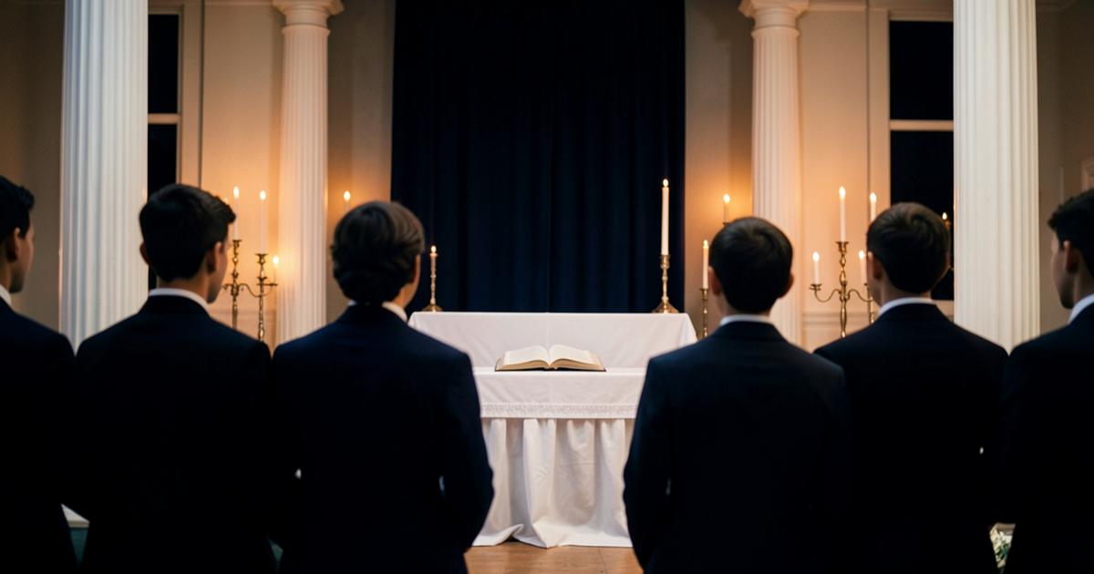 Jovens de terno vistos de costas diante de um altar iluminado por velas em uma cerimônia da Ordem DeMolay