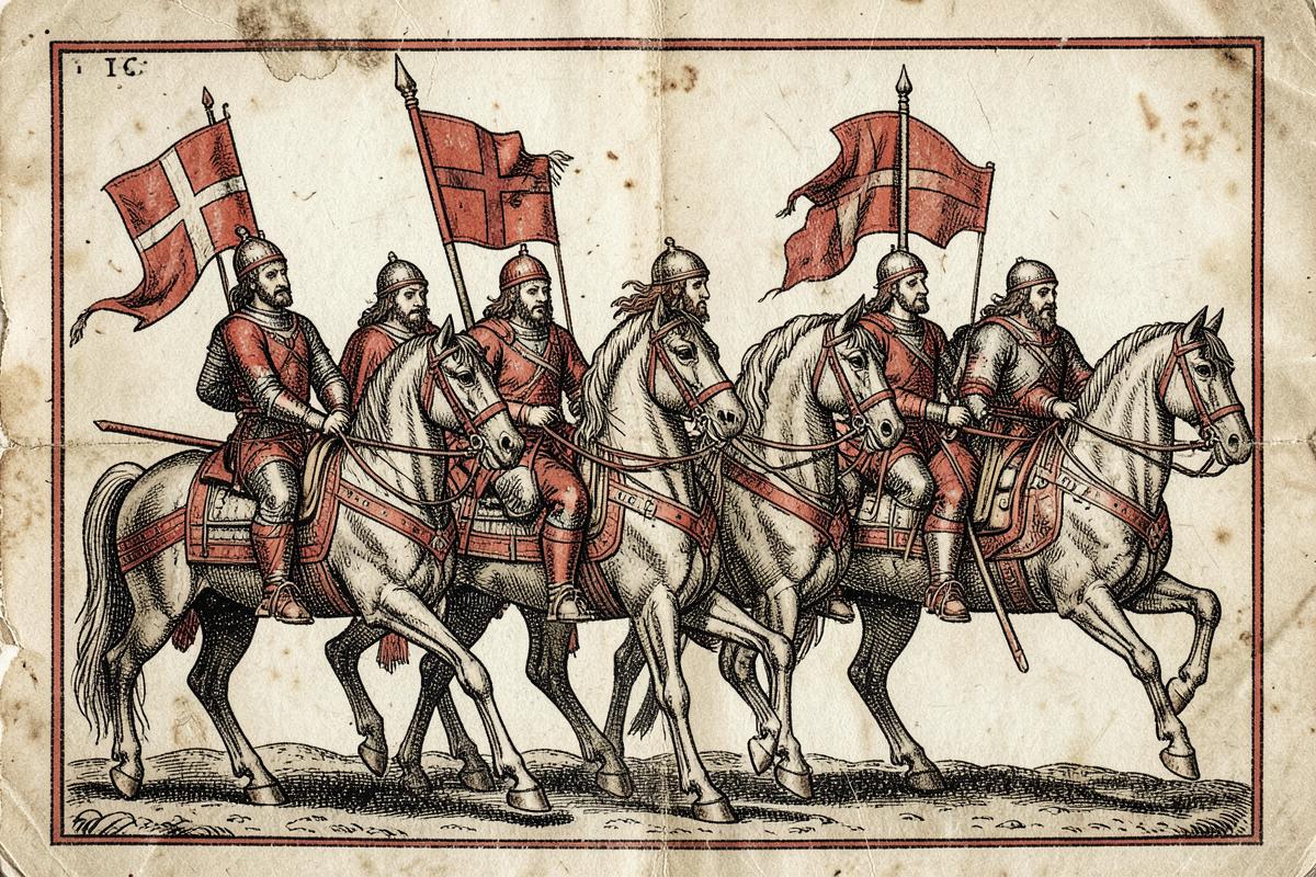 Ilustração em estilo de manuscrito medieval mostrando cavaleiros templários a cavalo com estandartes de cruz vermelha