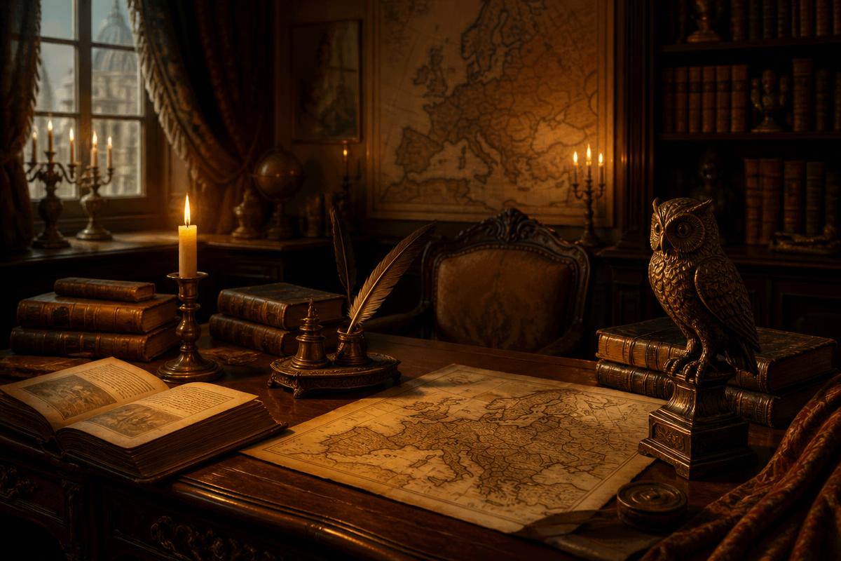 Gabinete de estudo do século XVIII com livros, mapa da Europa e estatueta de coruja