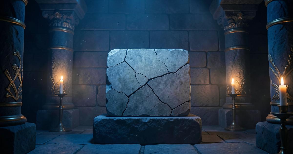 Tábua de pedra rachada e sem inscrições sobre pedestal em câmara iluminada por velas