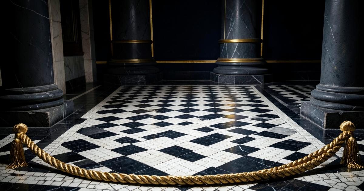 Piso mosaico preto e branco de um templo maçônico, com colunas e corda dourada