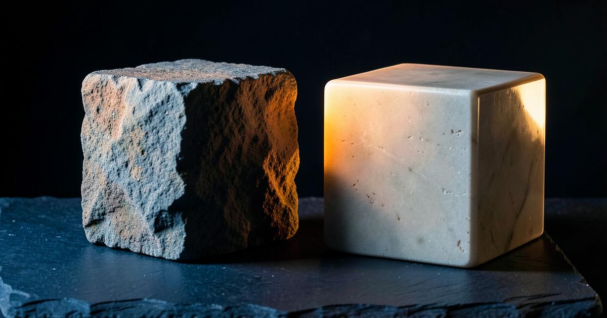 Pedra bruta irregular ao lado de um cubo de pedra perfeitamente polido sobre ardósia escura, sob luz quente dramática