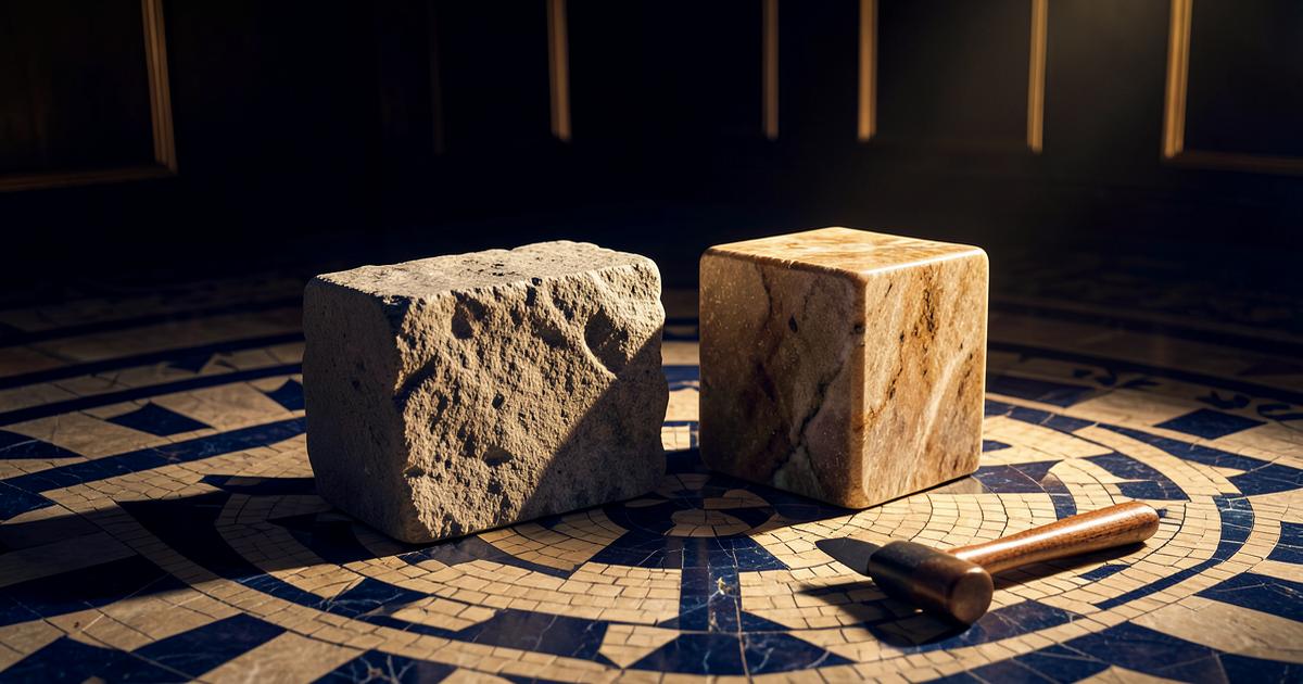 Pedra bruta ao lado de pedra cúbica polida sobre o pavimento mosaico de uma Loja maçônica, com malho ao lado