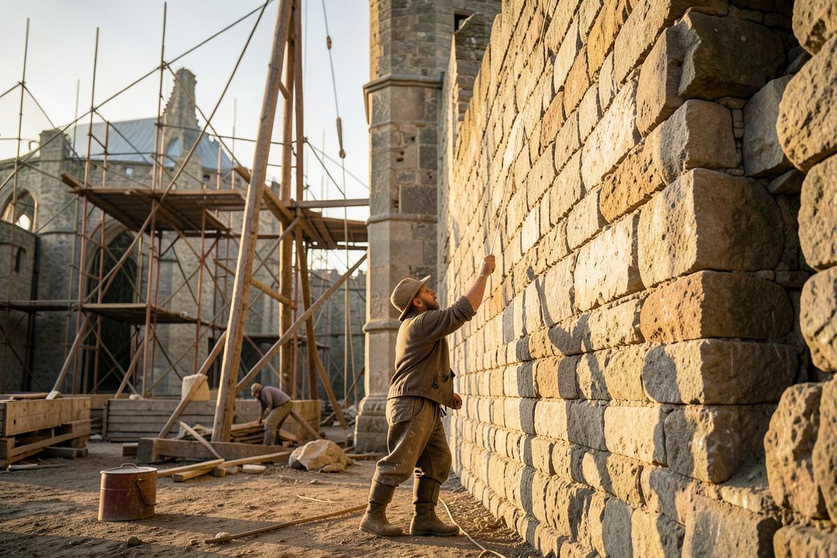 Pedreiro medieval verificando a verticalidade de uma muralha de catedral com uma linha de prumo