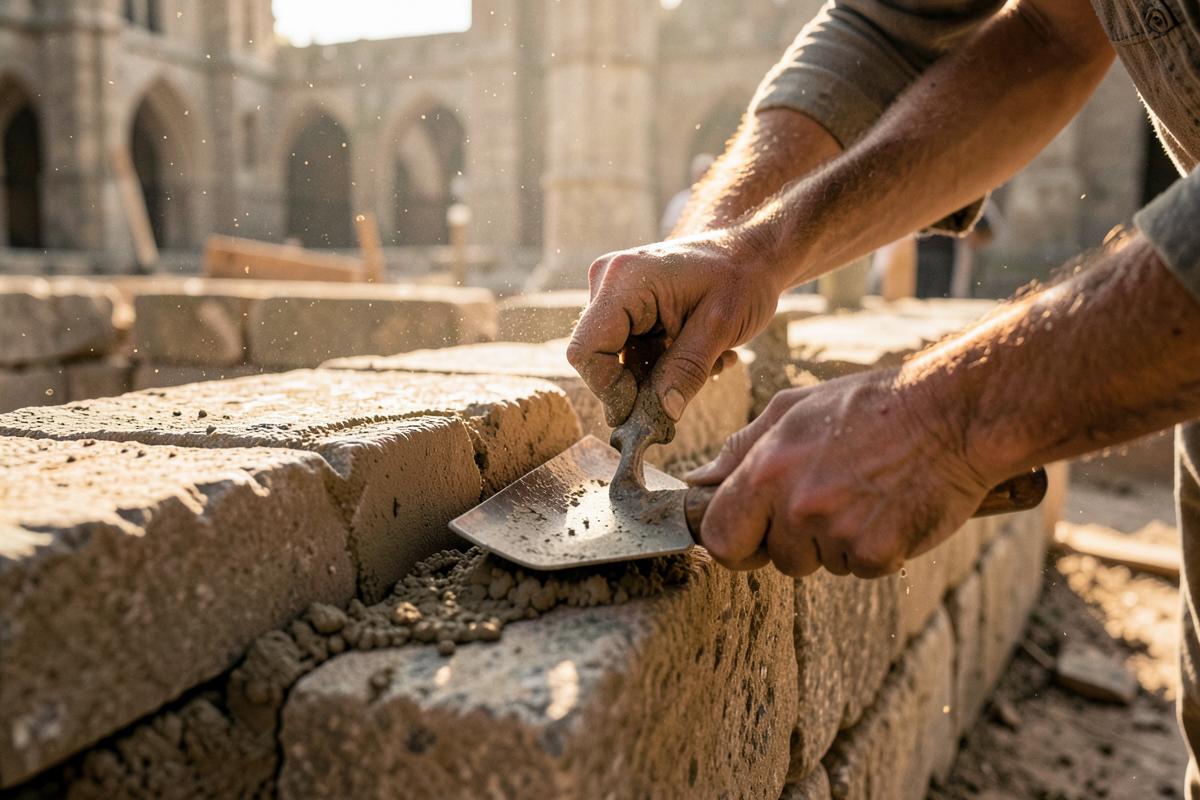 Mãos de um pedreiro usando a trolha para espalhar argamassa entre blocos de pedra em uma obra medieval