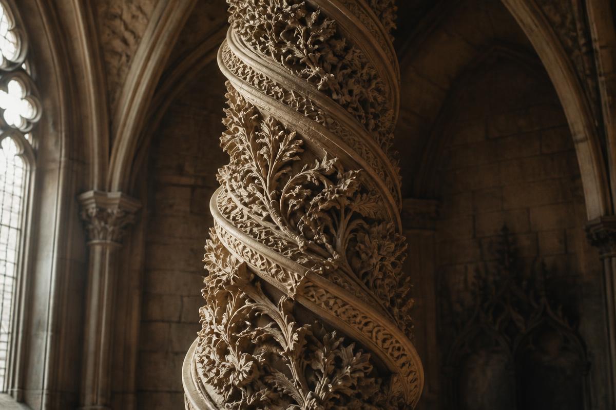 Detalhe do pilar esculpido em espiral com folhagens