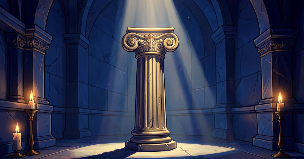 Coluna jônica de capitel em volutas iluminada por um facho de luz em templo maçônico