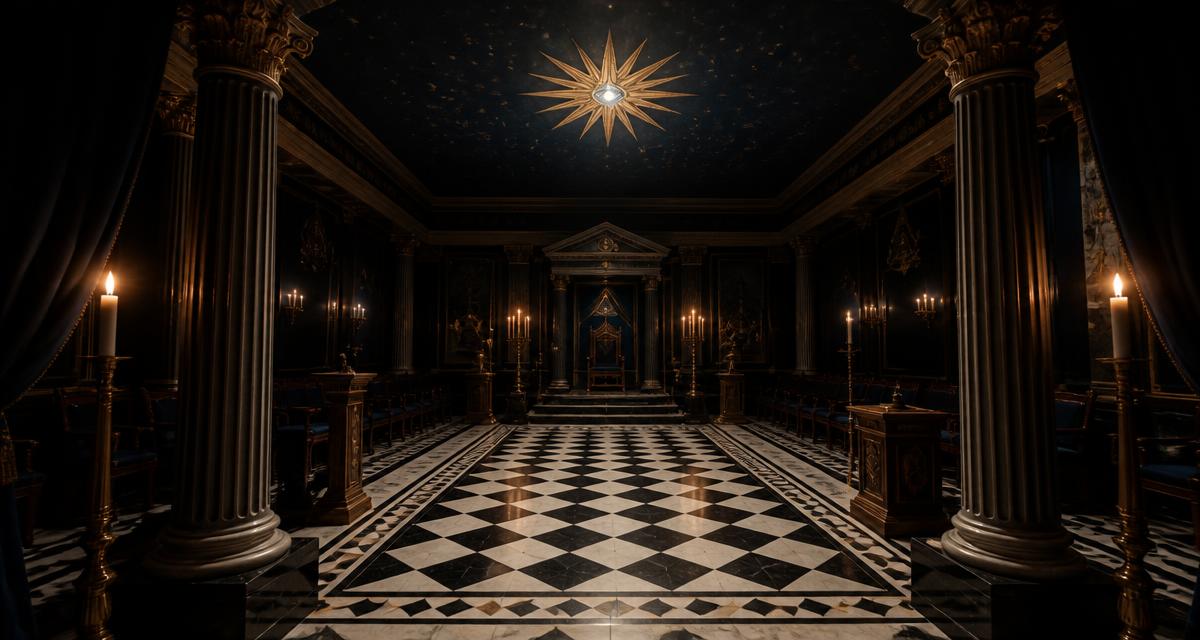 Templo maçônico com piso mosaico preto e branco, duas colunas e estrela flamejante