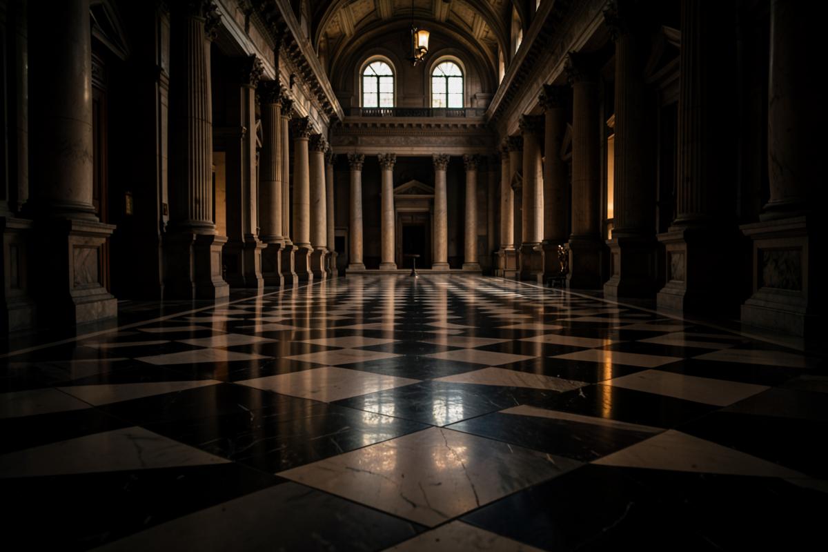 Piso de mármore xadrez preto e branco num grande salão histórico, com luz e sombra alternadas