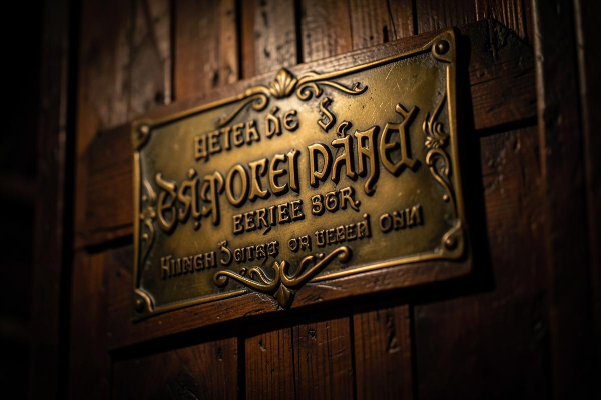 Placa de bronze com o nome e o número de uma Loja na porta do templo