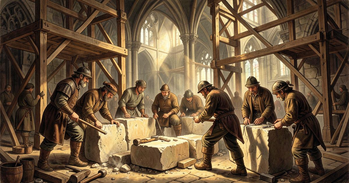 Pedreiros medievais construindo uma catedral gótica, representando a profissão dos primeiros maçons