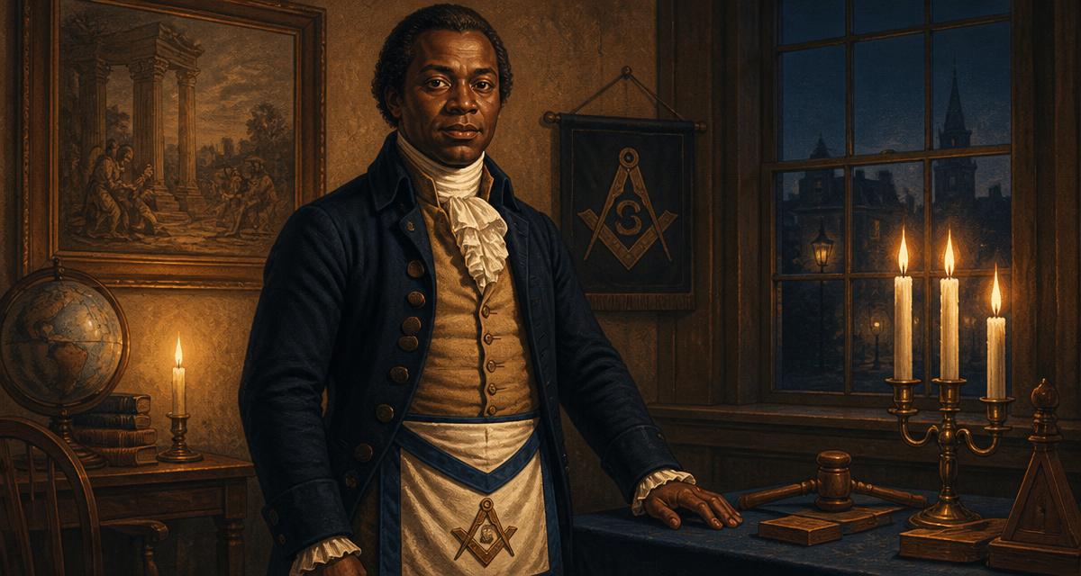 Retrato de maçom negro do século XVIII com avental maçônico em interior iluminado por velas