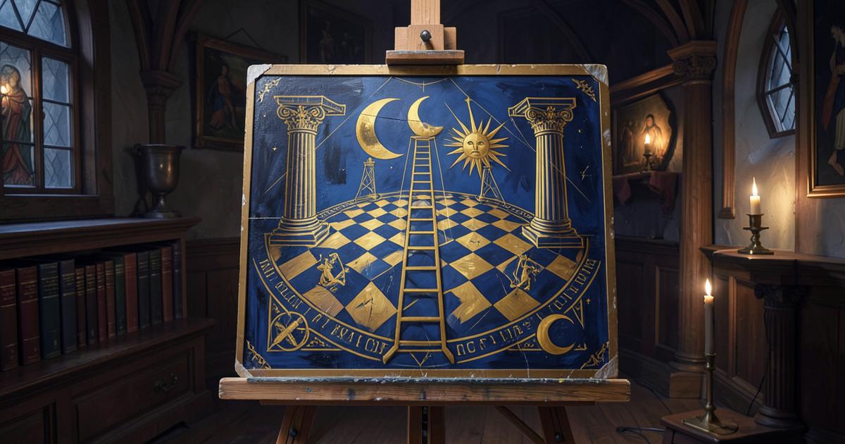 Antigo Quadro de Loja pintado em azul e dourado, apoiado em cavalete dentro de um templo maçônico