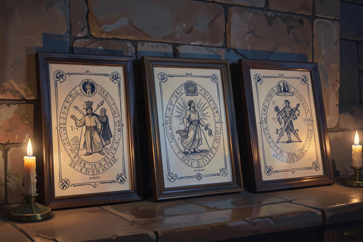 Três Quadros de Loja emoldurados encostados na parede de um templo