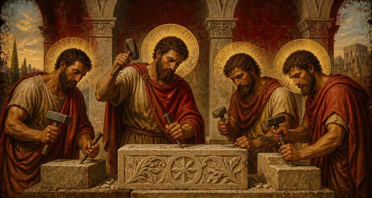 Quatro pedreiros romanos com malhos e cinzéis trabalhando um bloco de pedra, com auréolas douradas