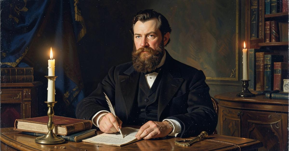 Retrato em estilo pintura a óleo de Albert Pike escrevendo à luz de velas em seu gabinete