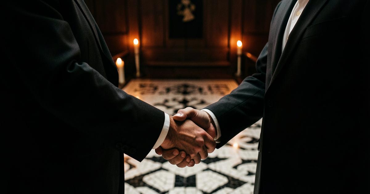 Aperto de mão entre dois homens de terno em uma loja maçônica iluminada por velas