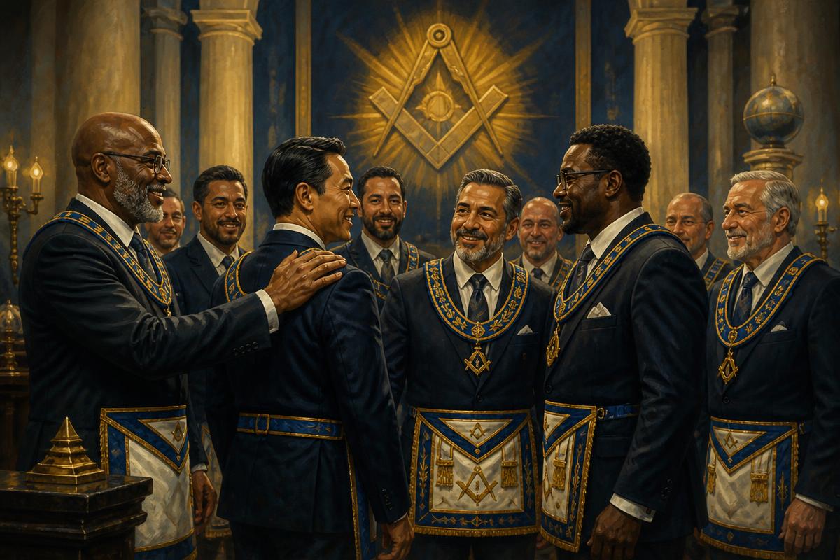 Maçons de origens diversas cumprimentando-se em um templo, gesto de fraternidade