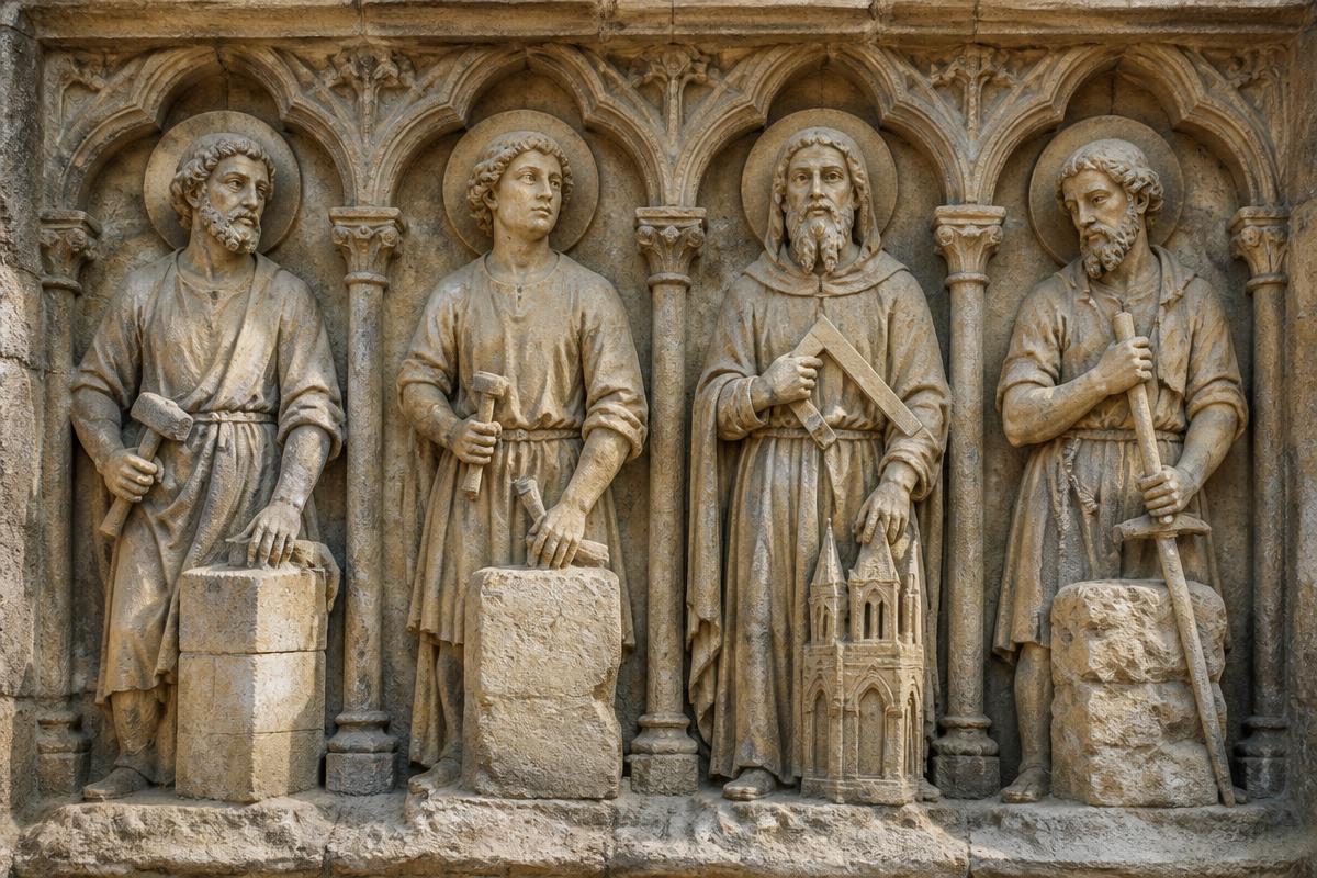 Relevo gótico em pedra com quatro figuras de pedreiros segurando malhos, cinzéis e um esquadro