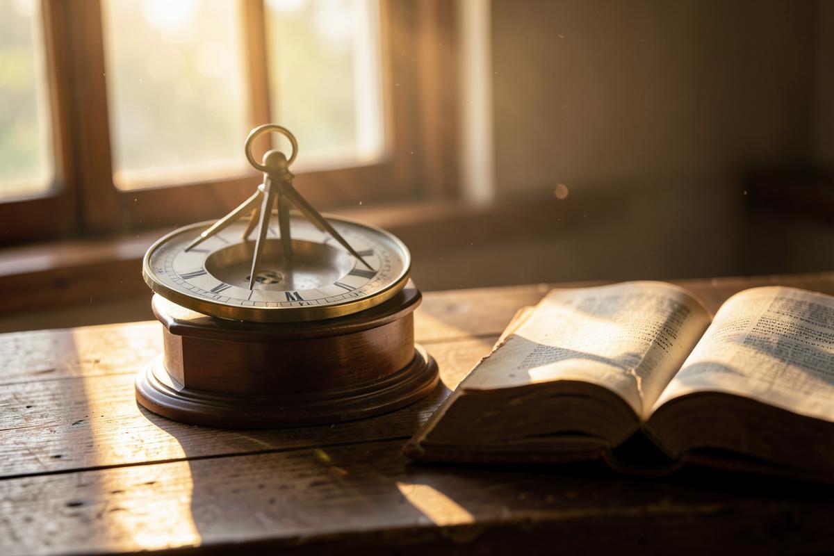 Relógio de sol antigo e livro aberto sobre uma mesa de madeira sob luz dourada, simbolizando a divisão do tempo