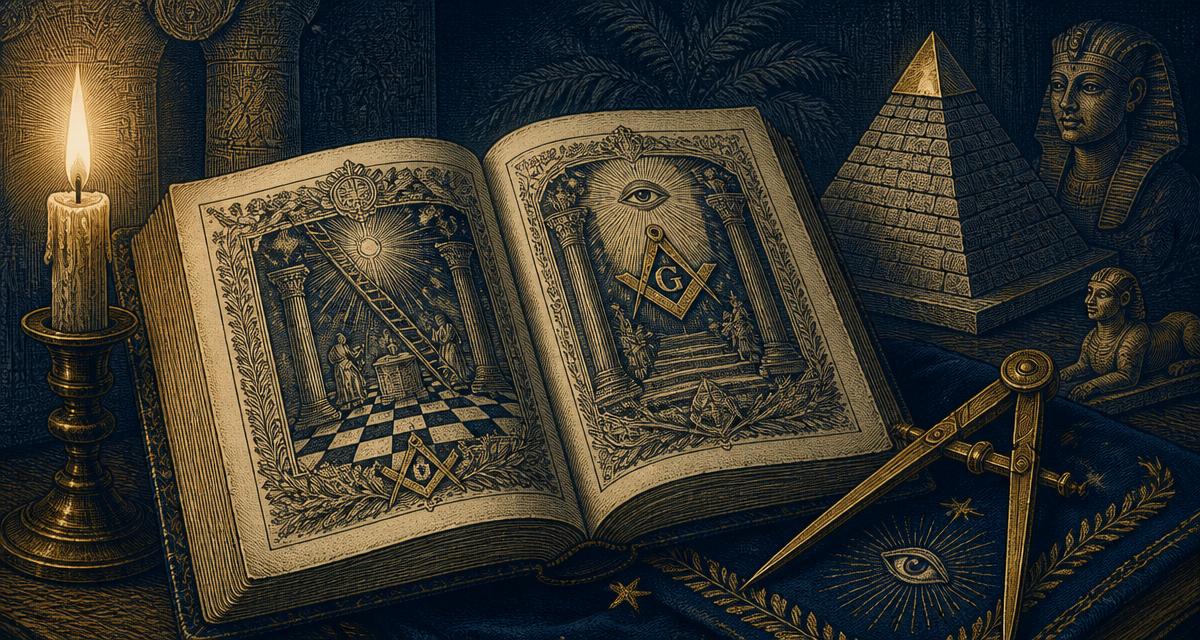 Livro ritualístico maçônico do século XVIII ao lado de compasso, pirâmide e vela acesa