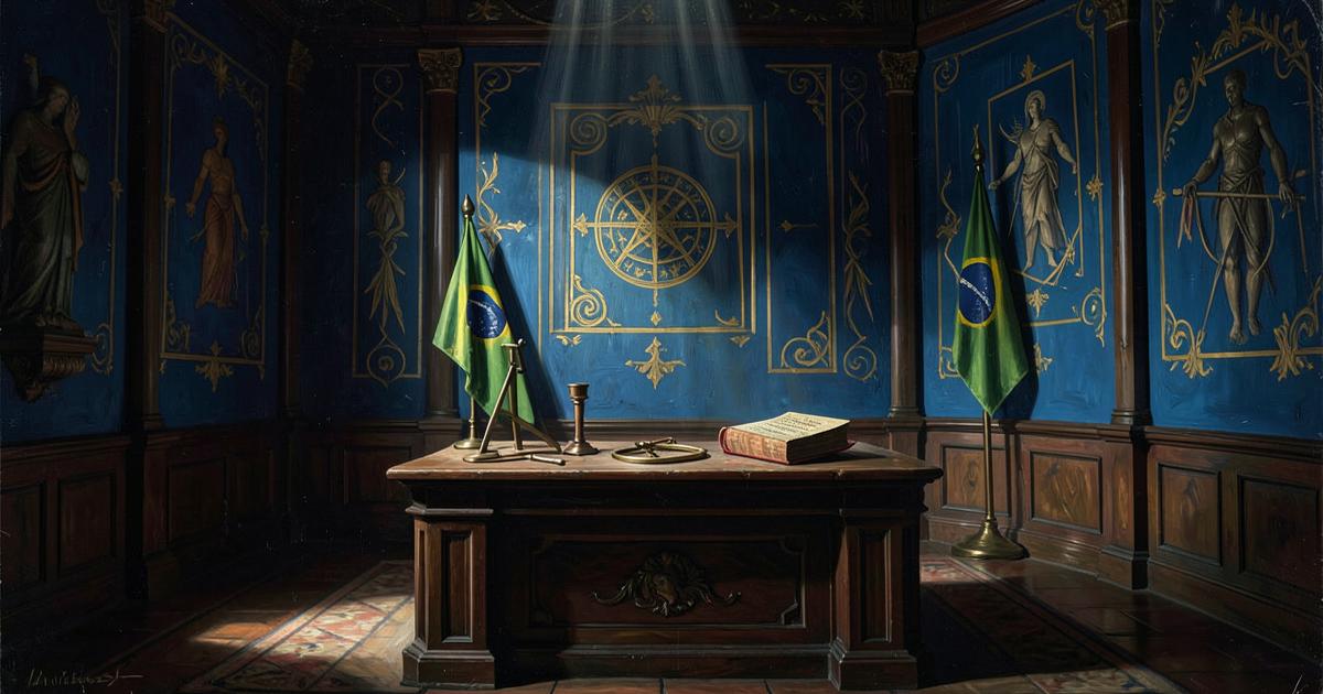 Templo maçônico brasileiro com paredes azuis, esquadro e compasso sobre o altar e bandeiras do Brasil