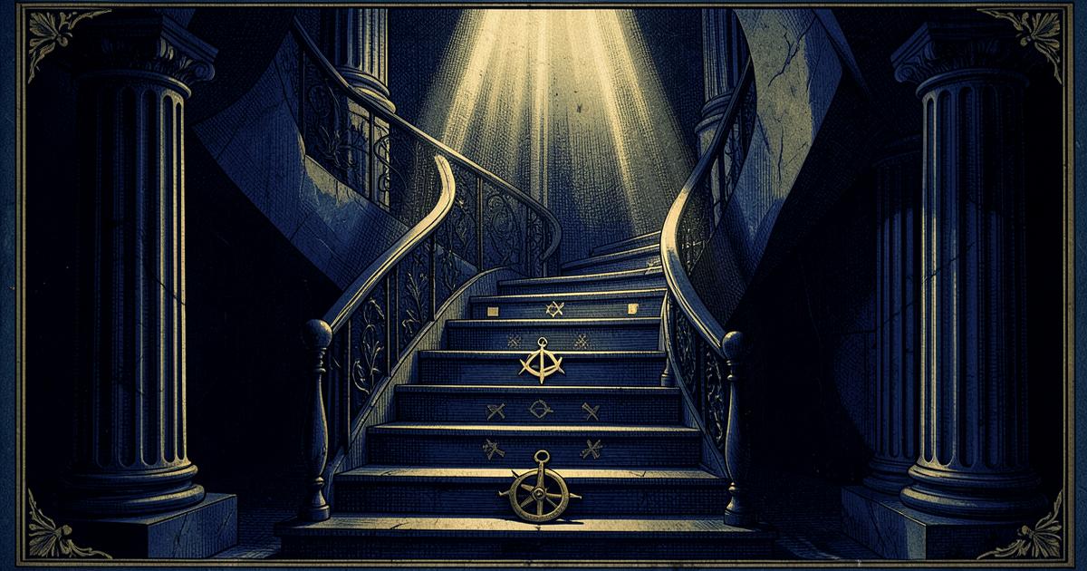 Escadaria simbólica ascendendo entre colunas em direção à luz, representando os ritos e graus maçônicos