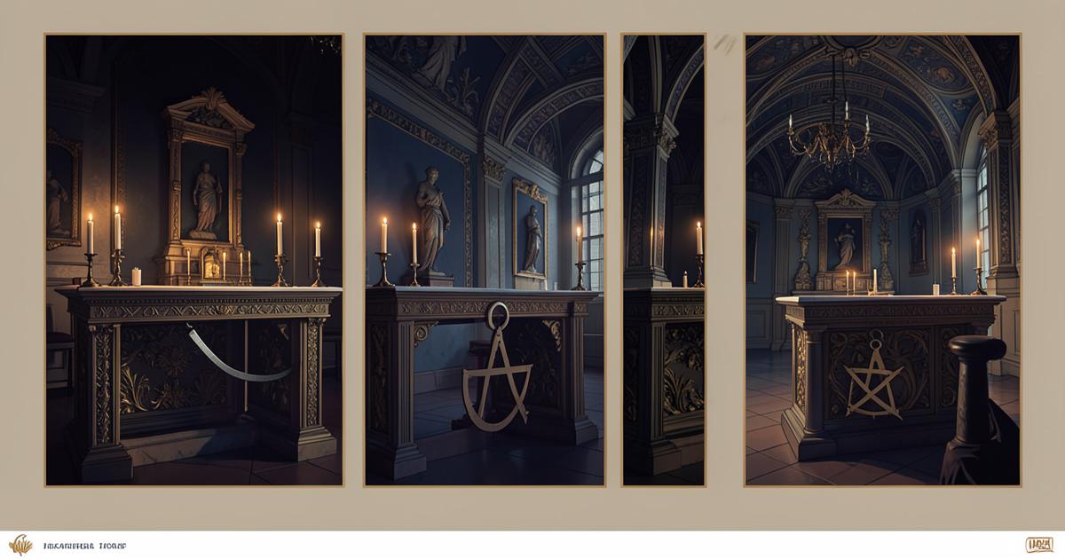 Altares de diferentes ritos maçônicos lado a lado em um templo com velas acesas