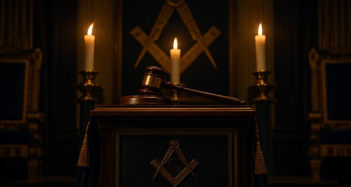 Malhete de madeira sobre o altar do Venerável Mestre com velas acesas e esquadro e compasso ao fundo