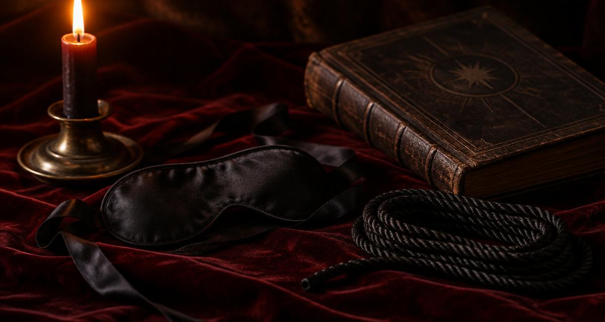 Venda preta, corda e livro antigo de ritual sobre veludo vermelho iluminados por uma vela